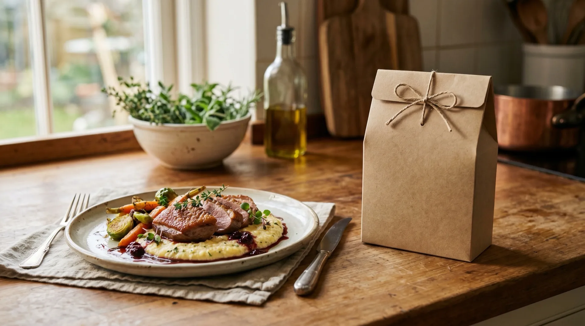 Plated food styling and a shelf-ready package mockup generated with Resleeve